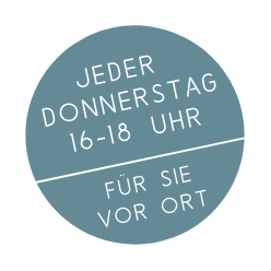 emma-august-jeden donnerstag Blauer Kreis mit Text: "Jeder Donnerstag 16-18 Uhr, für Sie vor Ort".