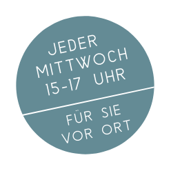 Blauer Kreis mit weißer Schrift: "Jeder Mittwoch 15-17 Uhr, für Sie vor Ort".
