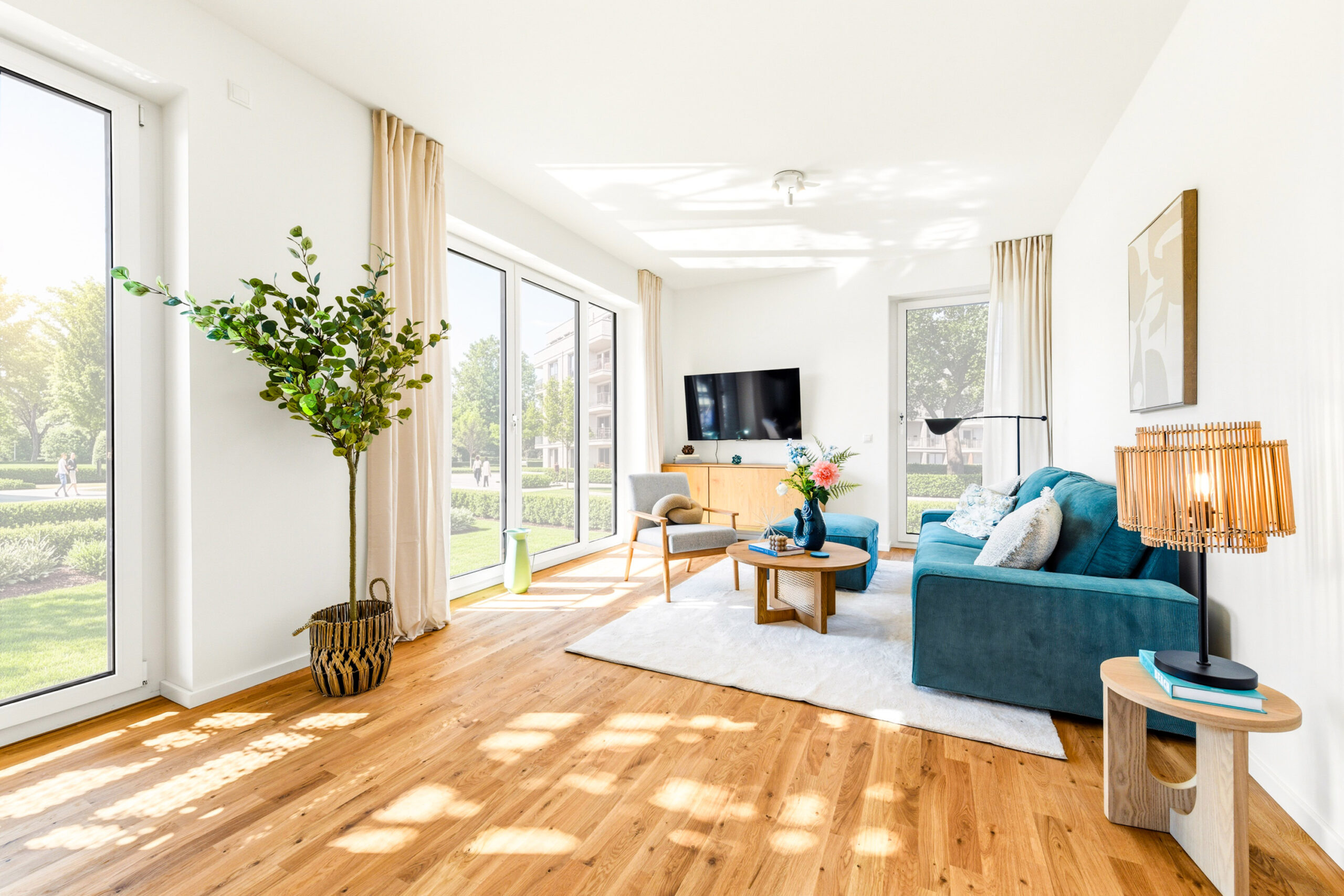 Helles Wohnzimmer mit großen Fenstern, blauer Couch, Holzboden und Deko.