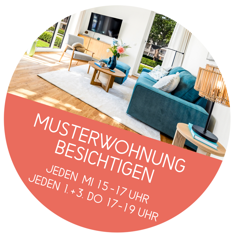 Modernes Wohnzimmer mit Text: Musterwohnung besichtigen, Zeiten für Führungen.